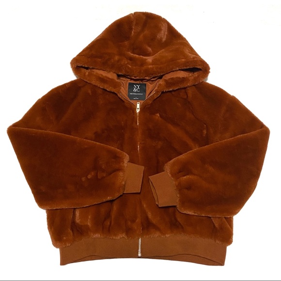New York & Company Hooded Faux-Fur Bomber Jacket Color Camel NWOT - Picture 5 of 10